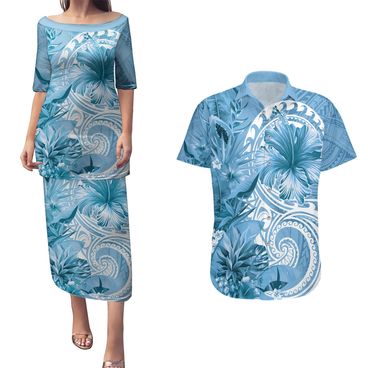 Polynesian Hibiscus Flower Tribal Couples Matching Puletasi and Hawaiian Shirt Blue Color