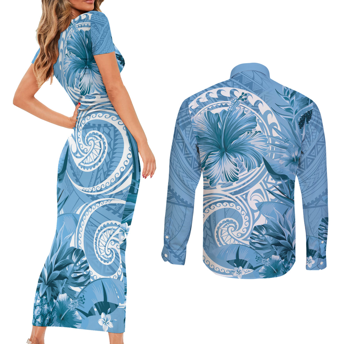 Polynesian Hibiscus Flower Tribal Couples Matching Short Sleeve Bodycon Dress and Long Sleeve Button Shirt Blue Color