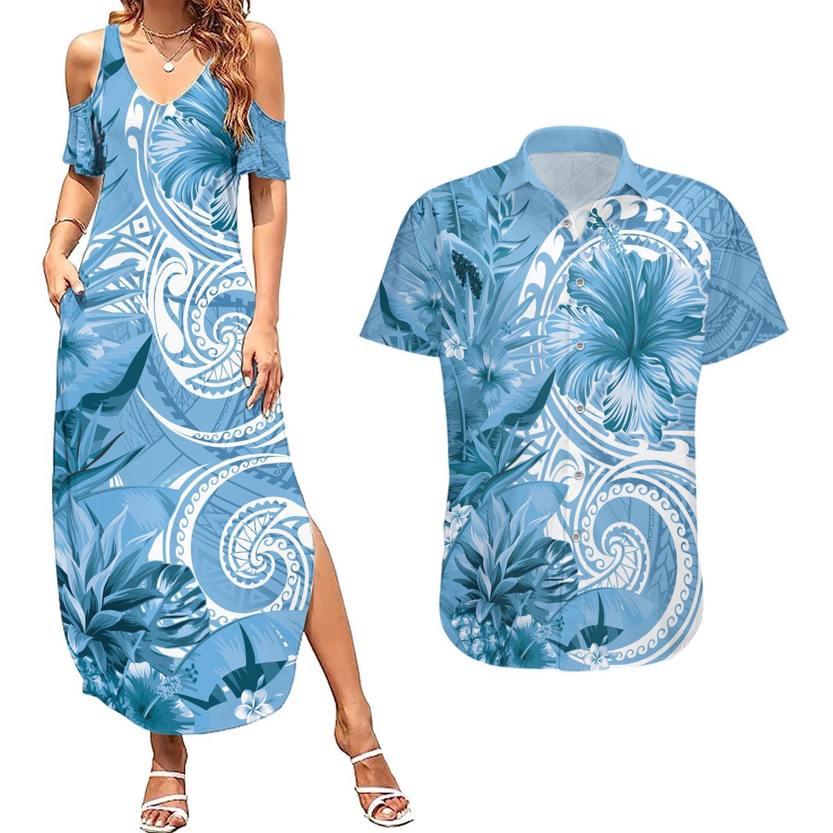 Polynesian Hibiscus Flower Tribal Couples Matching Summer Maxi Dress and Hawaiian Shirt Blue Color LT9 Blue - Polynesian Pride