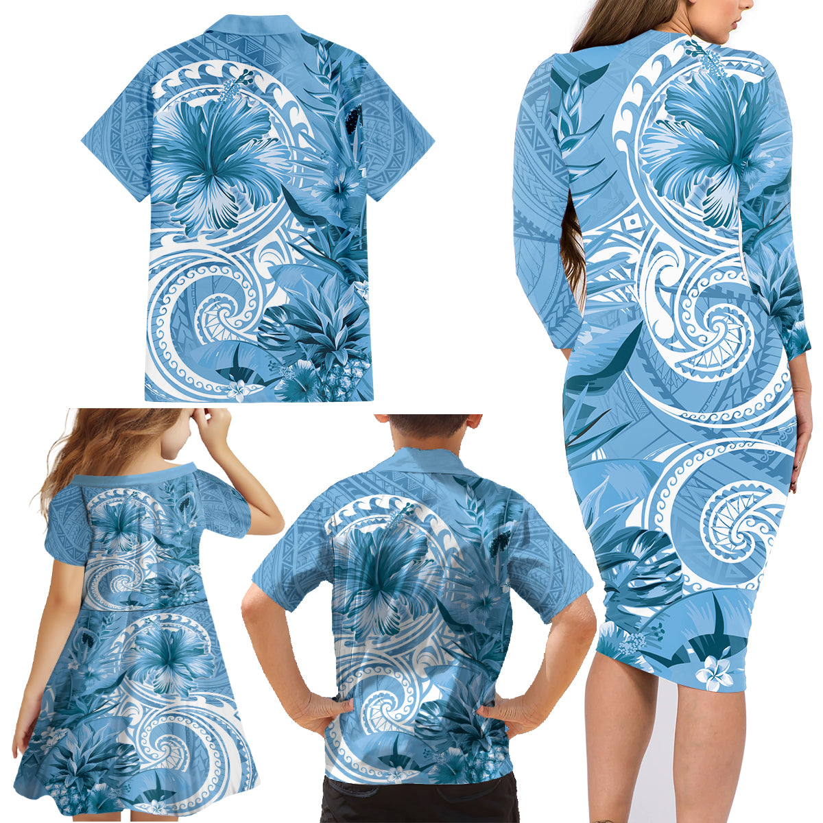 Polynesian Hibiscus Flower Tribal Family Matching Long Sleeve Bodycon Dress and Hawaiian Shirt Blue Color LT9 - Polynesian Pride