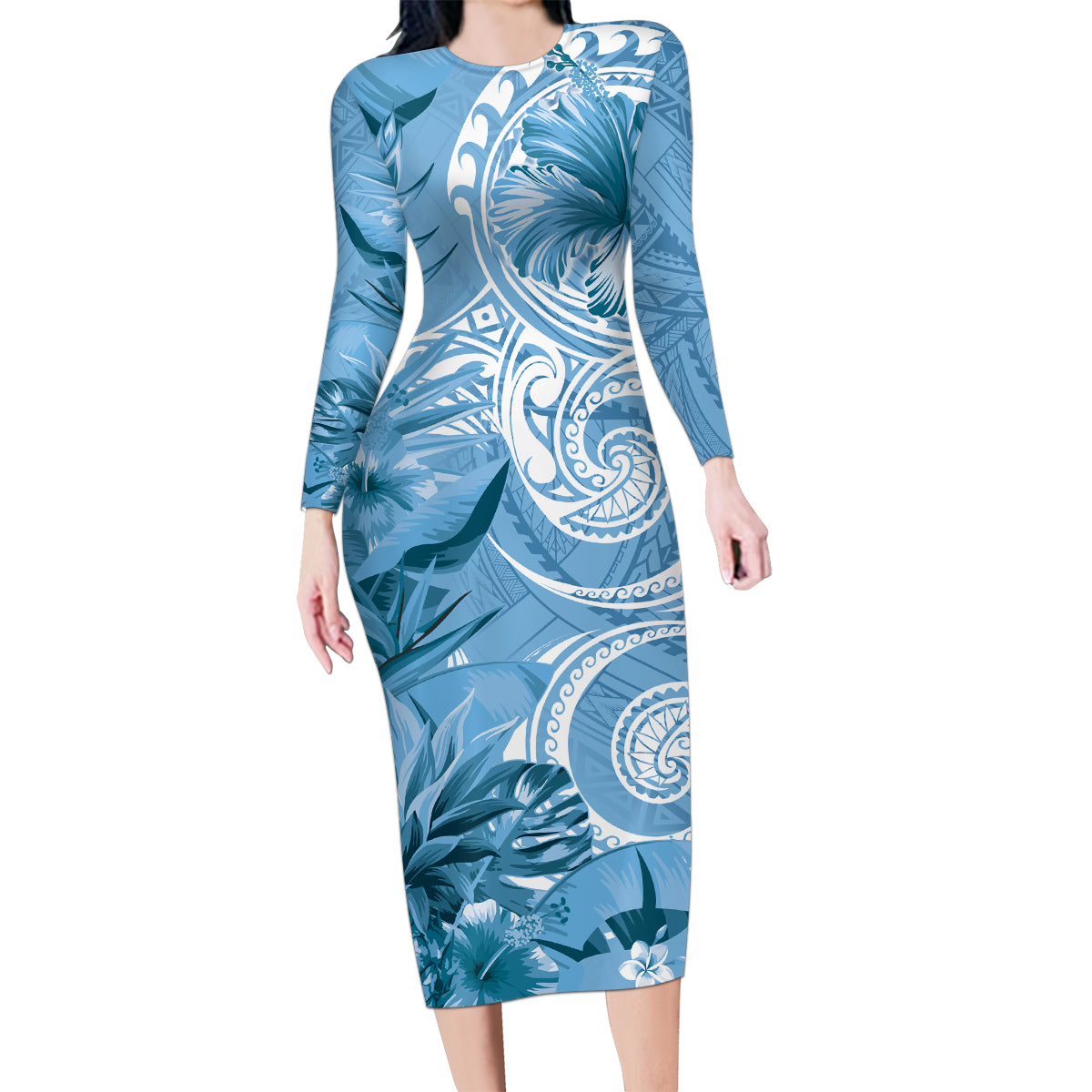 Polynesian Hibiscus Flower Tribal Family Matching Long Sleeve Bodycon Dress and Hawaiian Shirt Blue Color LT9 Mom's Dress Blue - Polynesian Pride