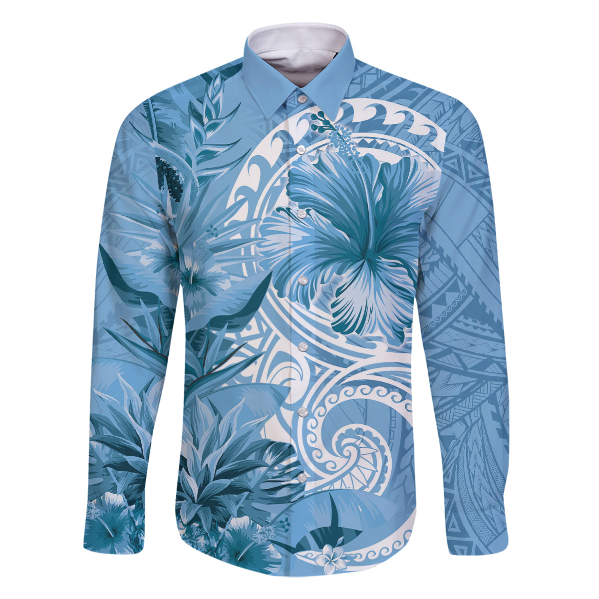 Polynesian Hibiscus Flower Tribal Family Matching Mermaid Dress and Hawaiian Shirt Blue Color LT9 Dad's Shirt - Long Sleeve Blue - Polynesian Pride