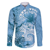 Polynesian Hibiscus Flower Tribal Family Matching Mermaid Dress and Hawaiian Shirt Blue Color LT9 Dad's Shirt - Long Sleeve Blue - Polynesian Pride
