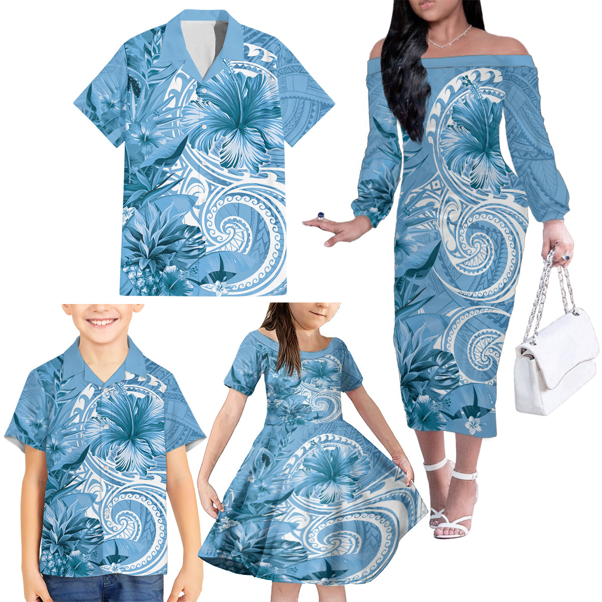 Polynesian Hibiscus Flower Tribal Family Matching Off The Shoulder Long Sleeve Dress and Hawaiian Shirt Blue Color LT9 - Polynesian Pride