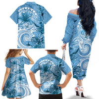Polynesian Hibiscus Flower Tribal Family Matching Off The Shoulder Long Sleeve Dress and Hawaiian Shirt Blue Color LT9 - Polynesian Pride