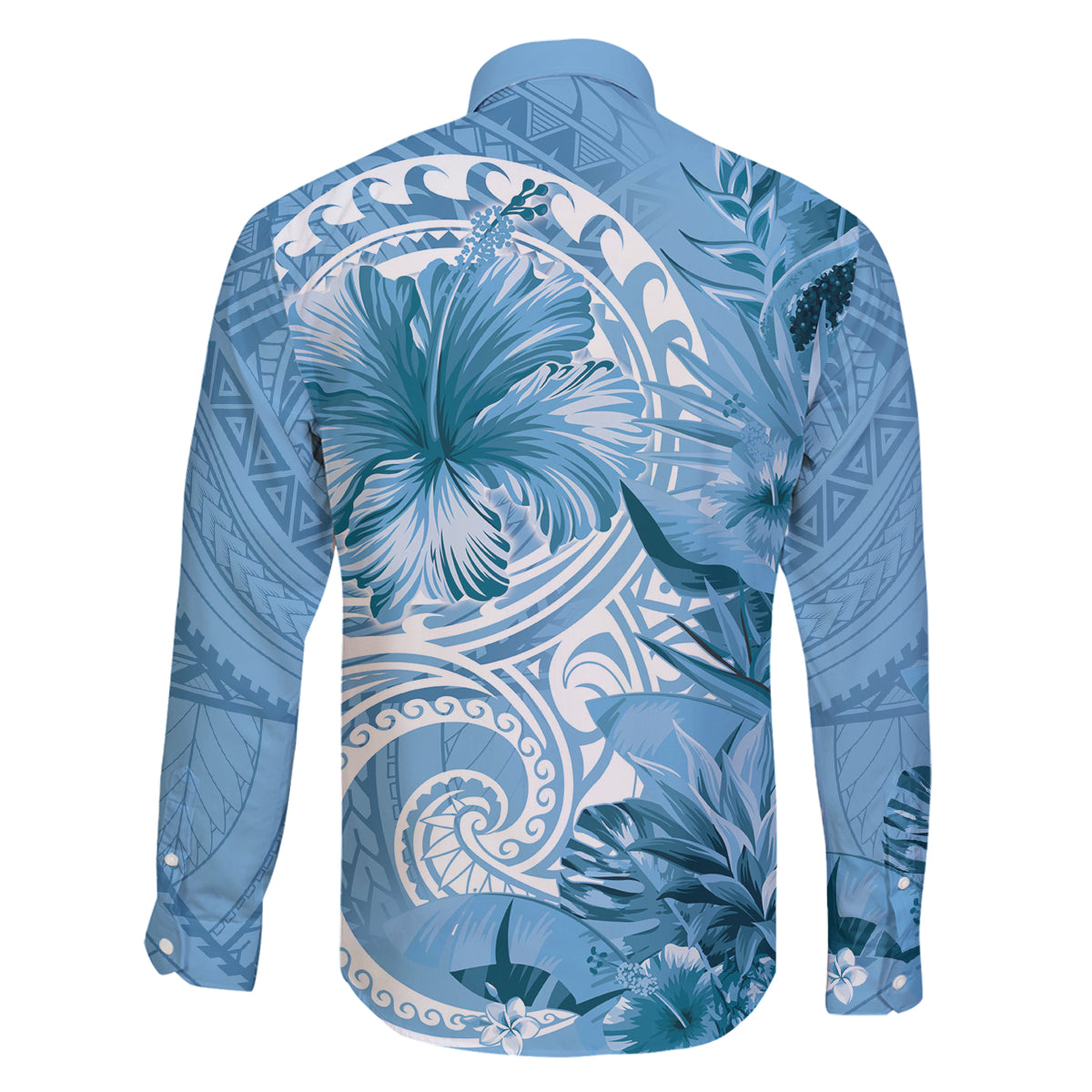 Polynesian Hibiscus Flower Tribal Family Matching Off The Shoulder Long Sleeve Dress and Hawaiian Shirt Blue Color LT9 - Polynesian Pride