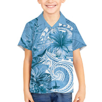 Polynesian Hibiscus Flower Tribal Family Matching Off The Shoulder Long Sleeve Dress and Hawaiian Shirt Blue Color LT9 Son's Shirt Blue - Polynesian Pride