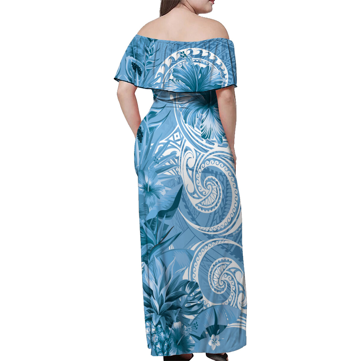 Polynesian Hibiscus Flower Tribal Family Matching Off Shoulder Maxi Dress and Hawaiian Shirt Blue Color LT9 - Polynesian Pride