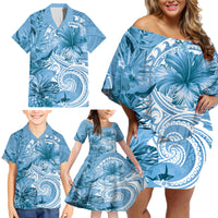 Polynesian Hibiscus Flower Tribal Family Matching Off Shoulder Short Dress and Hawaiian Shirt Blue Color LT9 - Polynesian Pride