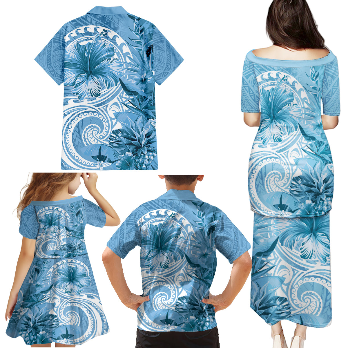 Polynesian Hibiscus Flower Tribal Family Matching Puletasi and Hawaiian Shirt Blue Color LT9 - Polynesian Pride