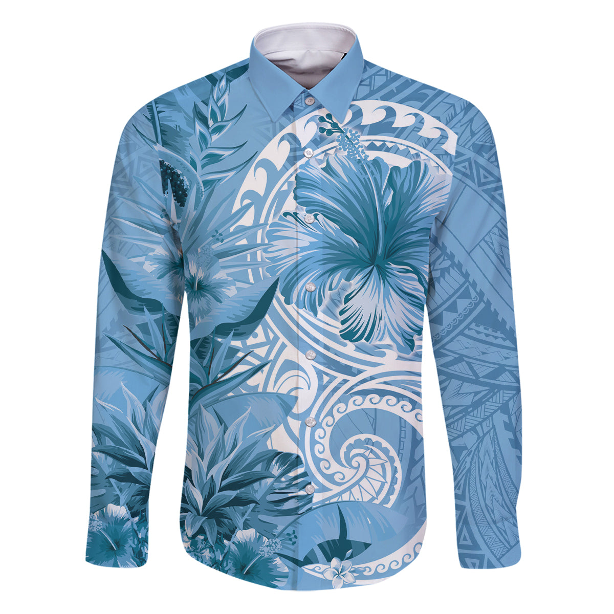 Polynesian Hibiscus Flower Tribal Family Matching Puletasi and Hawaiian Shirt Blue Color LT9 Dad's Shirt - Long Sleeve Blue - Polynesian Pride