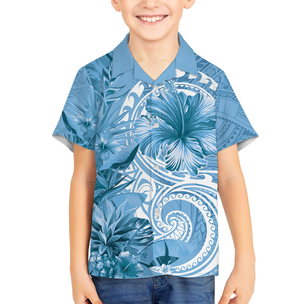 Polynesian Hibiscus Flower Tribal Family Matching Puletasi and Hawaiian Shirt Blue Color LT9 Son's Shirt Blue - Polynesian Pride