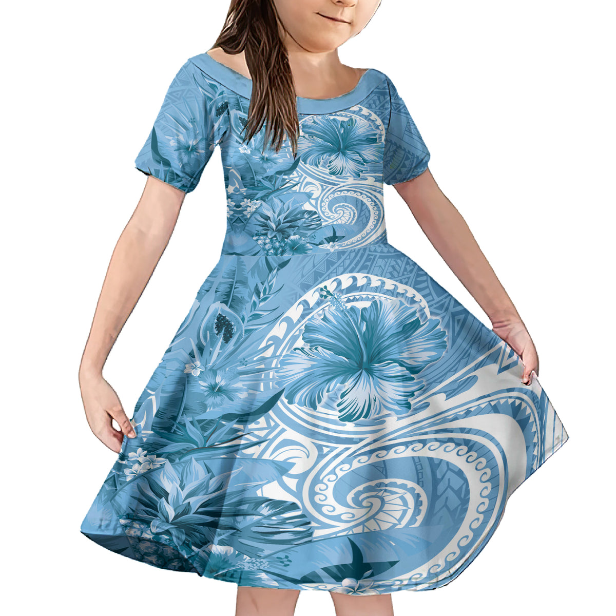 Polynesian Hibiscus Flower Tribal Family Matching Short Sleeve Bodycon Dress and Hawaiian Shirt Blue Color LT9 Daughter's Dress Blue - Polynesian Pride
