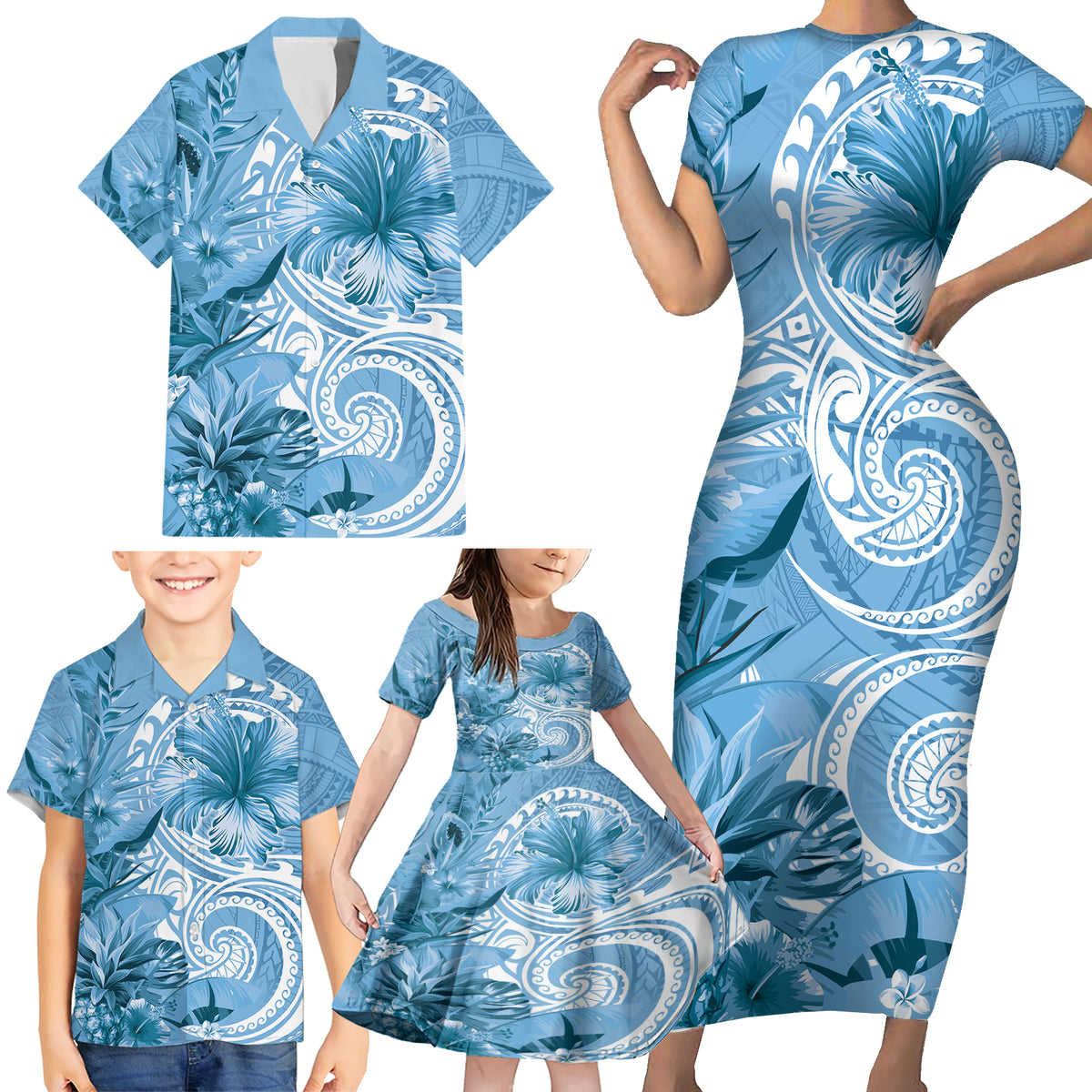 Polynesian Hibiscus Flower Tribal Family Matching Short Sleeve Bodycon Dress and Hawaiian Shirt Blue Color LT9 - Polynesian Pride