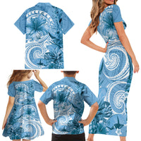 Polynesian Hibiscus Flower Tribal Family Matching Short Sleeve Bodycon Dress and Hawaiian Shirt Blue Color LT9 - Polynesian Pride