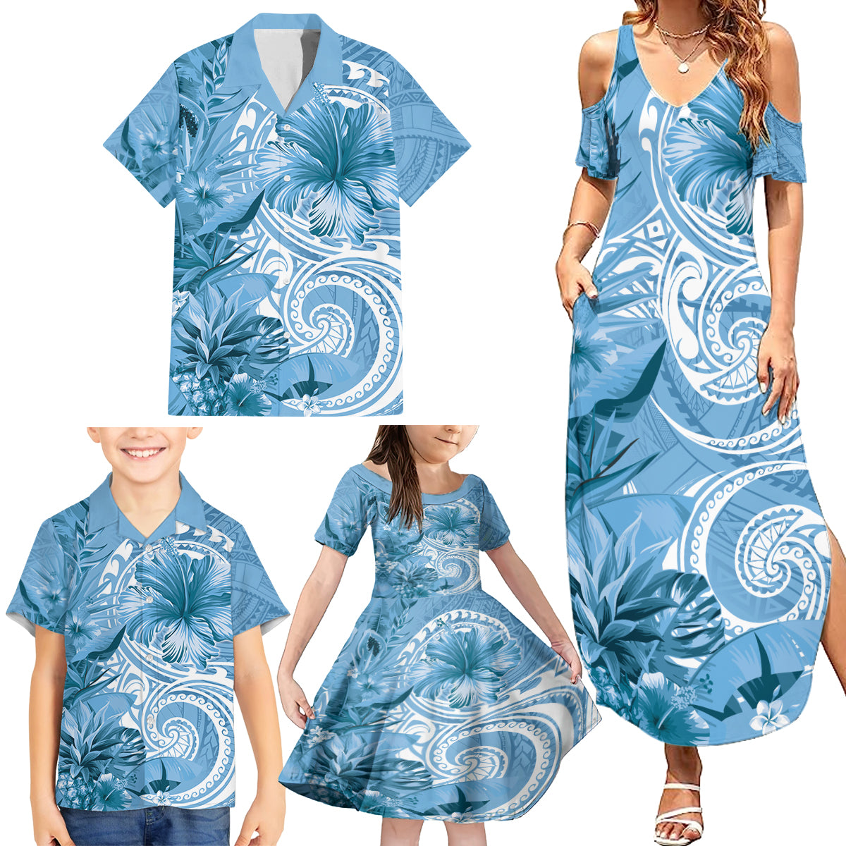 Polynesian Hibiscus Flower Tribal Family Matching Summer Maxi Dress and Hawaiian Shirt Blue Color LT9 - Polynesian Pride