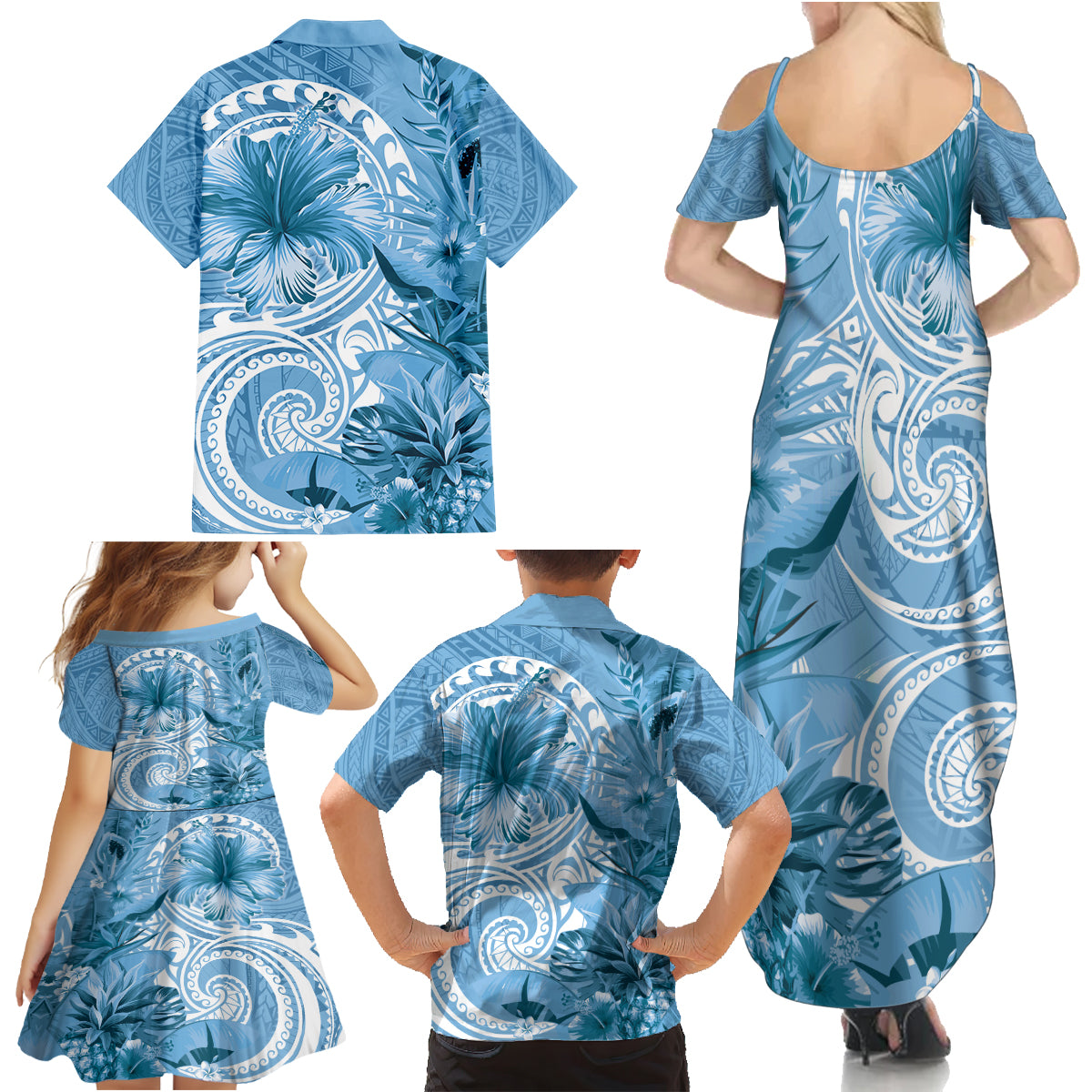 Polynesian Hibiscus Flower Tribal Family Matching Summer Maxi Dress and Hawaiian Shirt Blue Color LT9 - Polynesian Pride