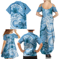 Polynesian Hibiscus Flower Tribal Family Matching Summer Maxi Dress and Hawaiian Shirt Blue Color LT9 - Polynesian Pride