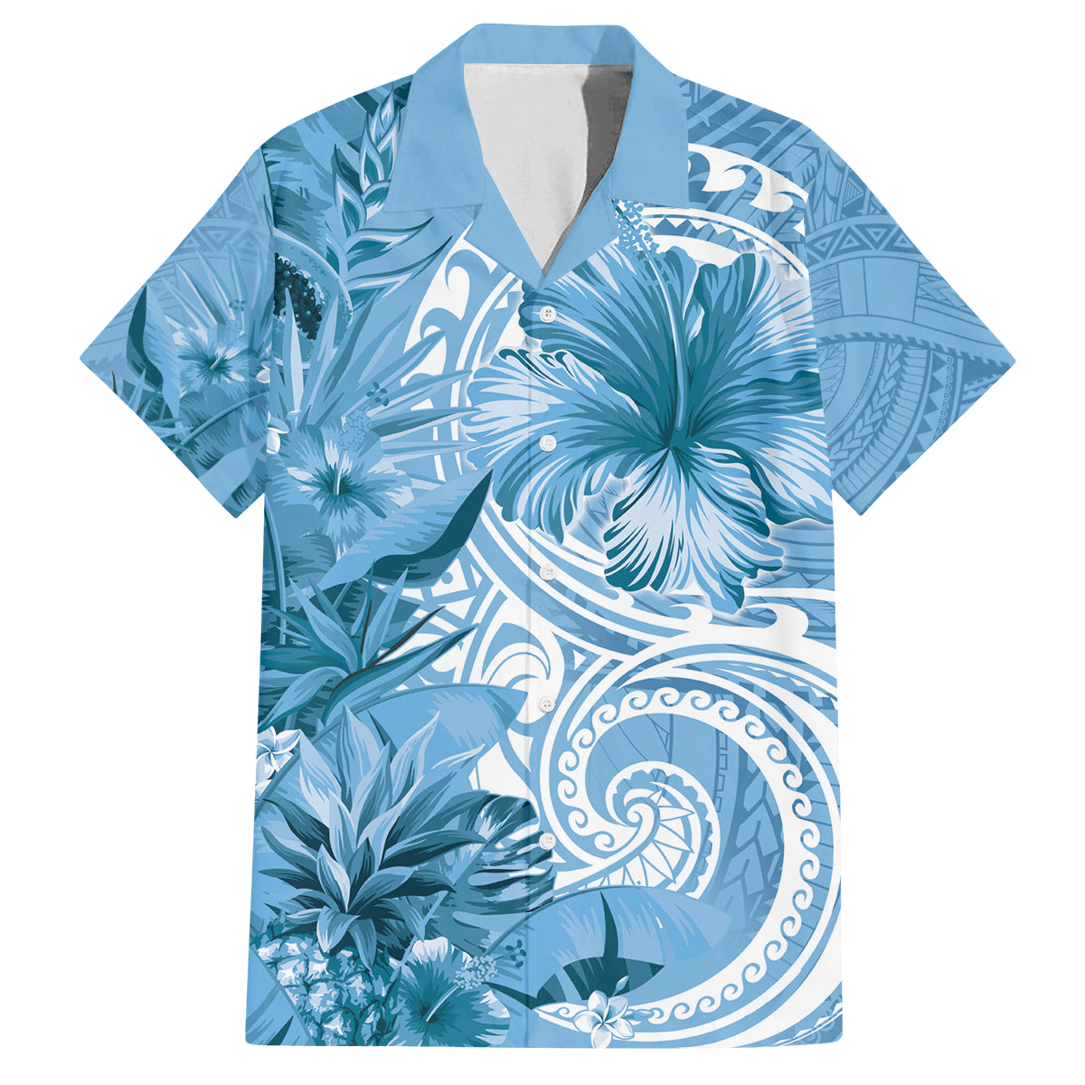 Polynesian Hibiscus Flower Tribal Family Matching Summer Maxi Dress and Hawaiian Shirt Blue Color LT9 Dad's Shirt - Short Sleeve Blue - Polynesian Pride