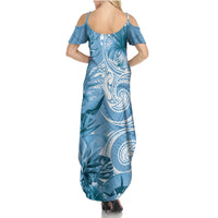 Polynesian Hibiscus Flower Tribal Family Matching Summer Maxi Dress and Hawaiian Shirt Blue Color LT9 - Polynesian Pride