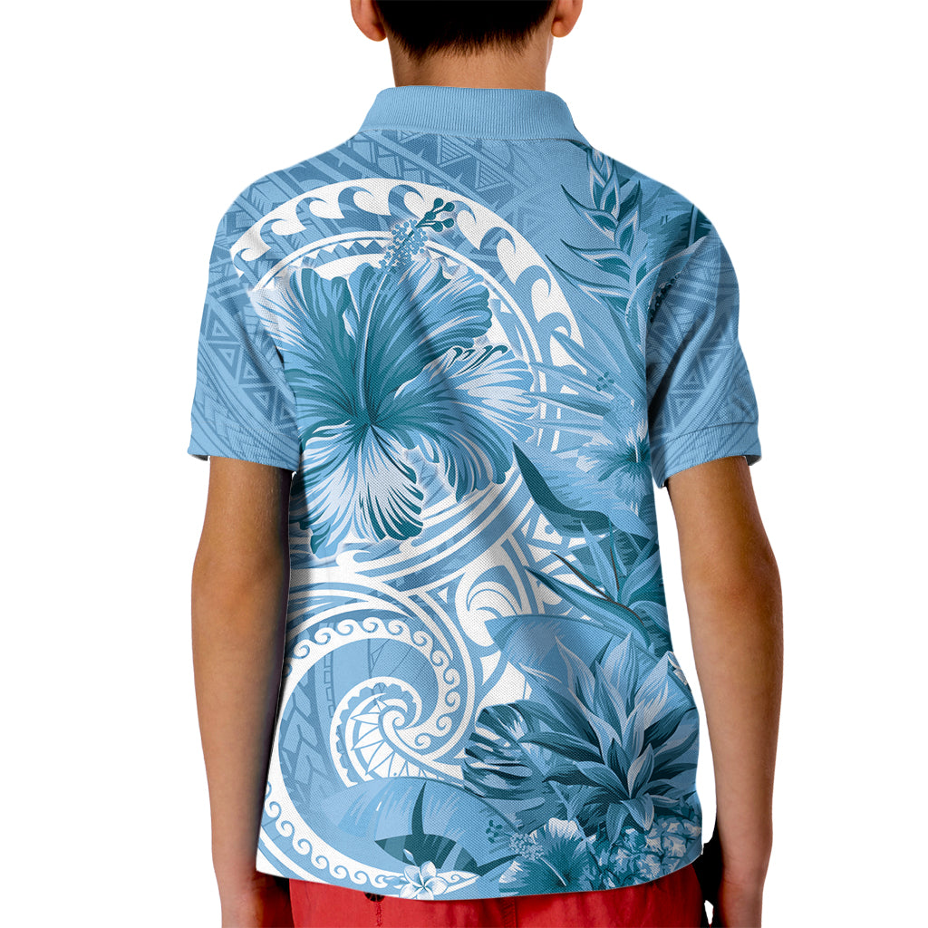 Polynesian Hibiscus Flower Tribal Kid Polo Shirt Blue Color