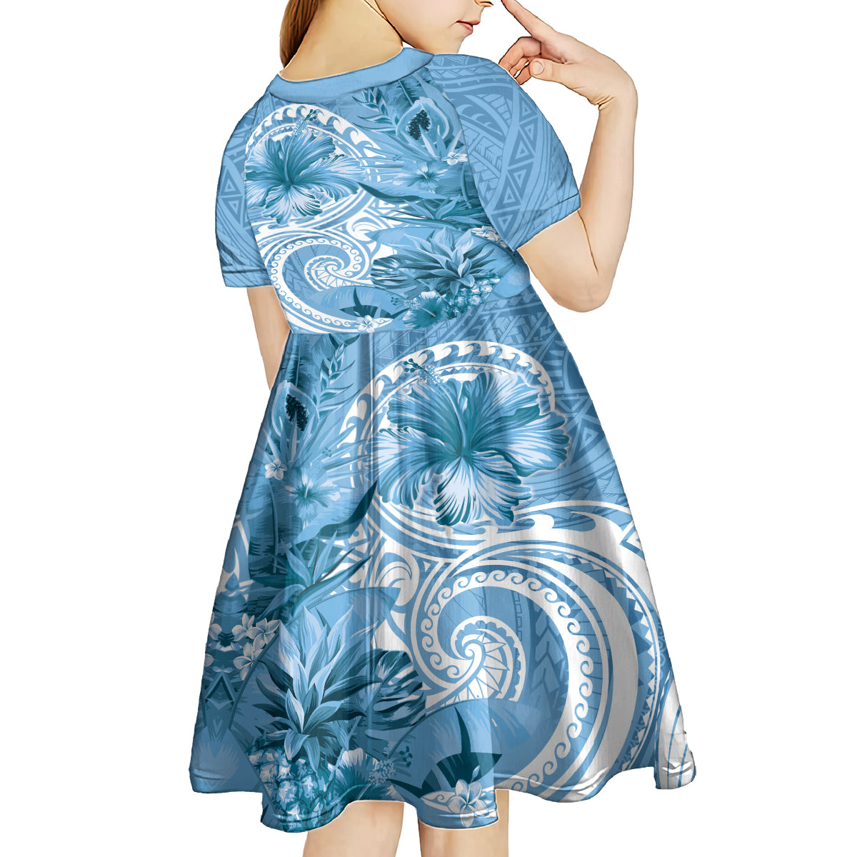 Polynesian Hibiscus Flower Tribal Kid Short Sleeve Dress Blue Color