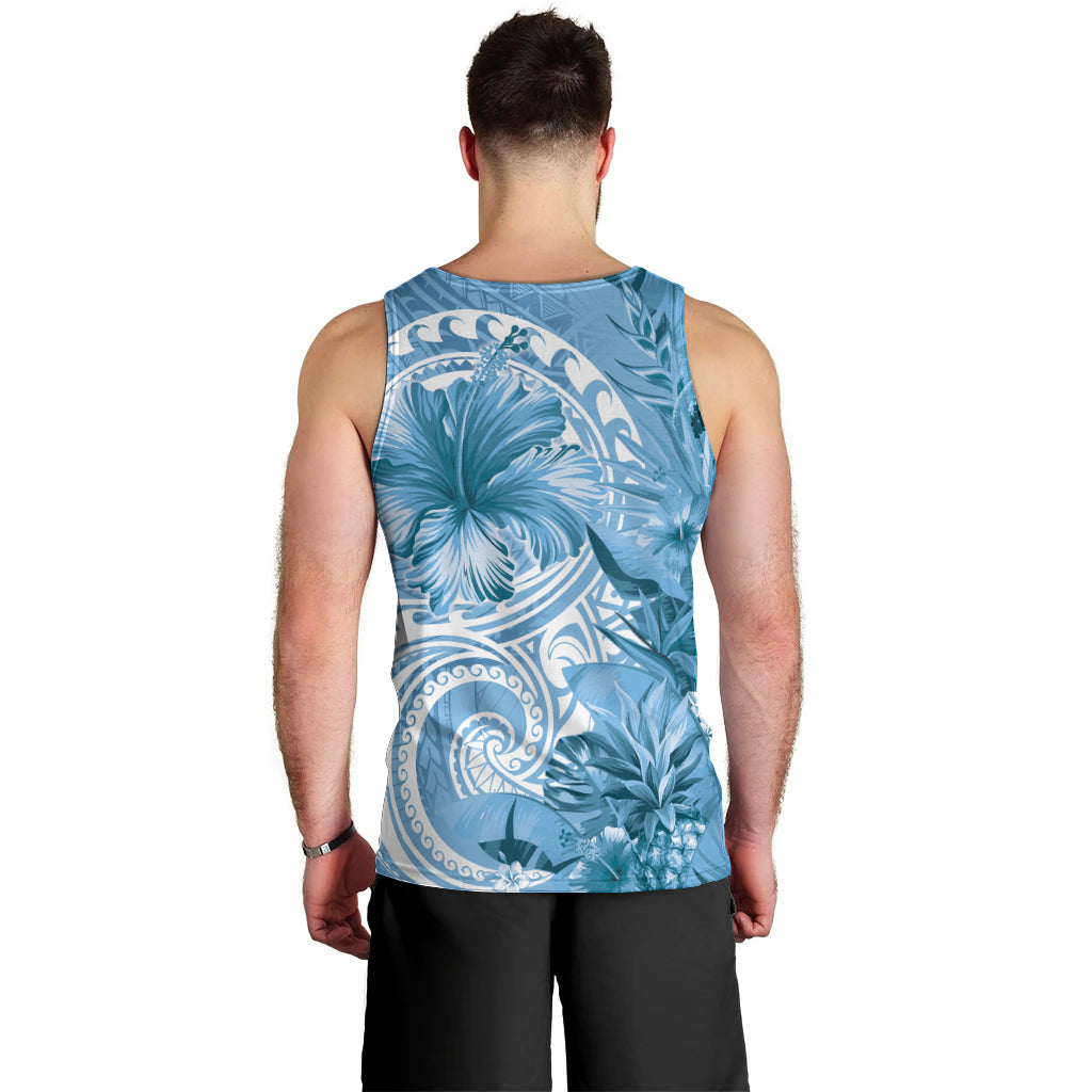 Polynesian Hibiscus Flower Tribal Men Tank Top Blue Color