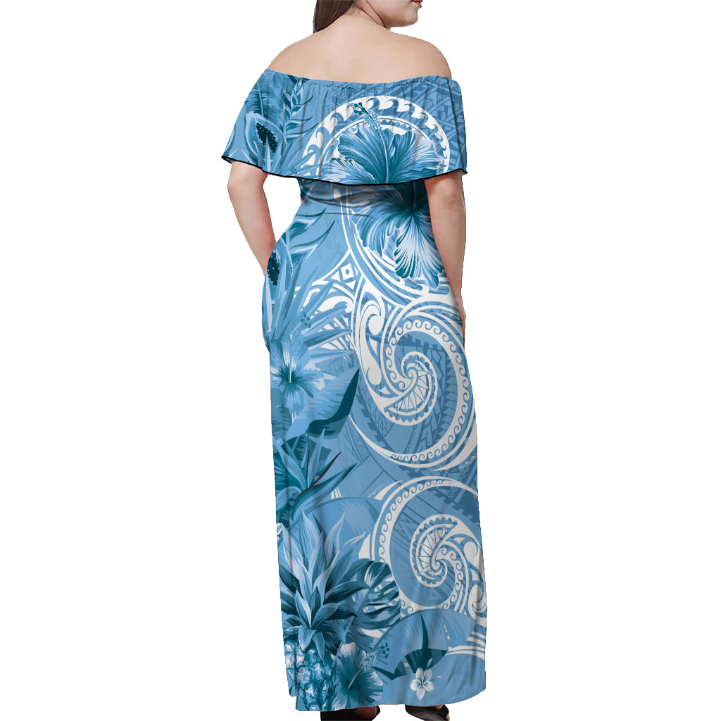 Polynesian Hibiscus Flower Tribal Off Shoulder Maxi Dress Blue Color