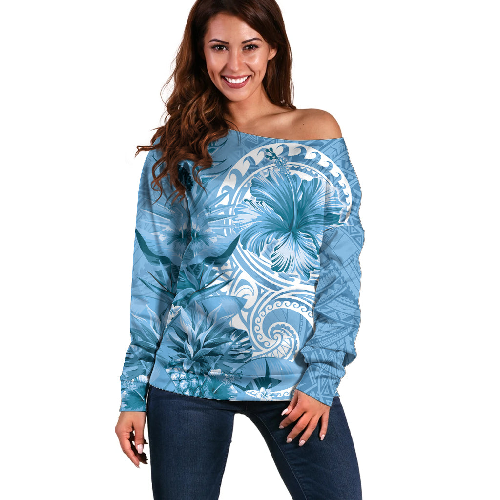 Polynesian Hibiscus Flower Tribal Off Shoulder Sweater Blue Color LT9 Women Blue - Polynesian Pride
