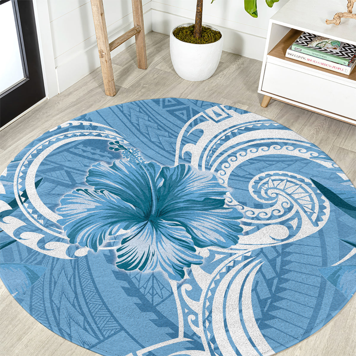 Polynesian Hibiscus Flower Tribal Round Carpet Blue Color LT9 Blue - Polynesian Pride