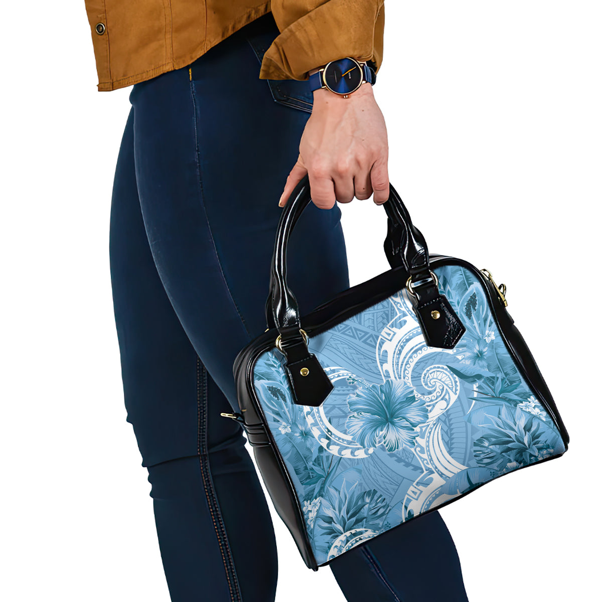 Polynesian Hibiscus Flower Tribal Shoulder Handbag Blue Color