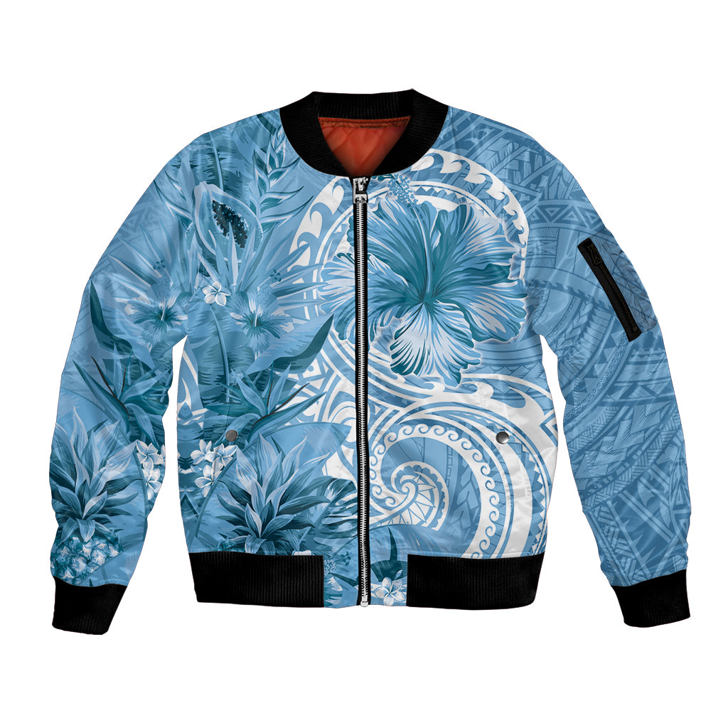 Polynesian Hibiscus Flower Tribal Sleeve Zip Bomber Jacket Blue Color LT9 Unisex Blue - Polynesian Pride