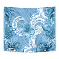 Polynesian Hibiscus Flower Tribal Tapestry Blue Color