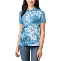 Polynesian Hibiscus Flower Tribal Women Polo Shirt Blue Color