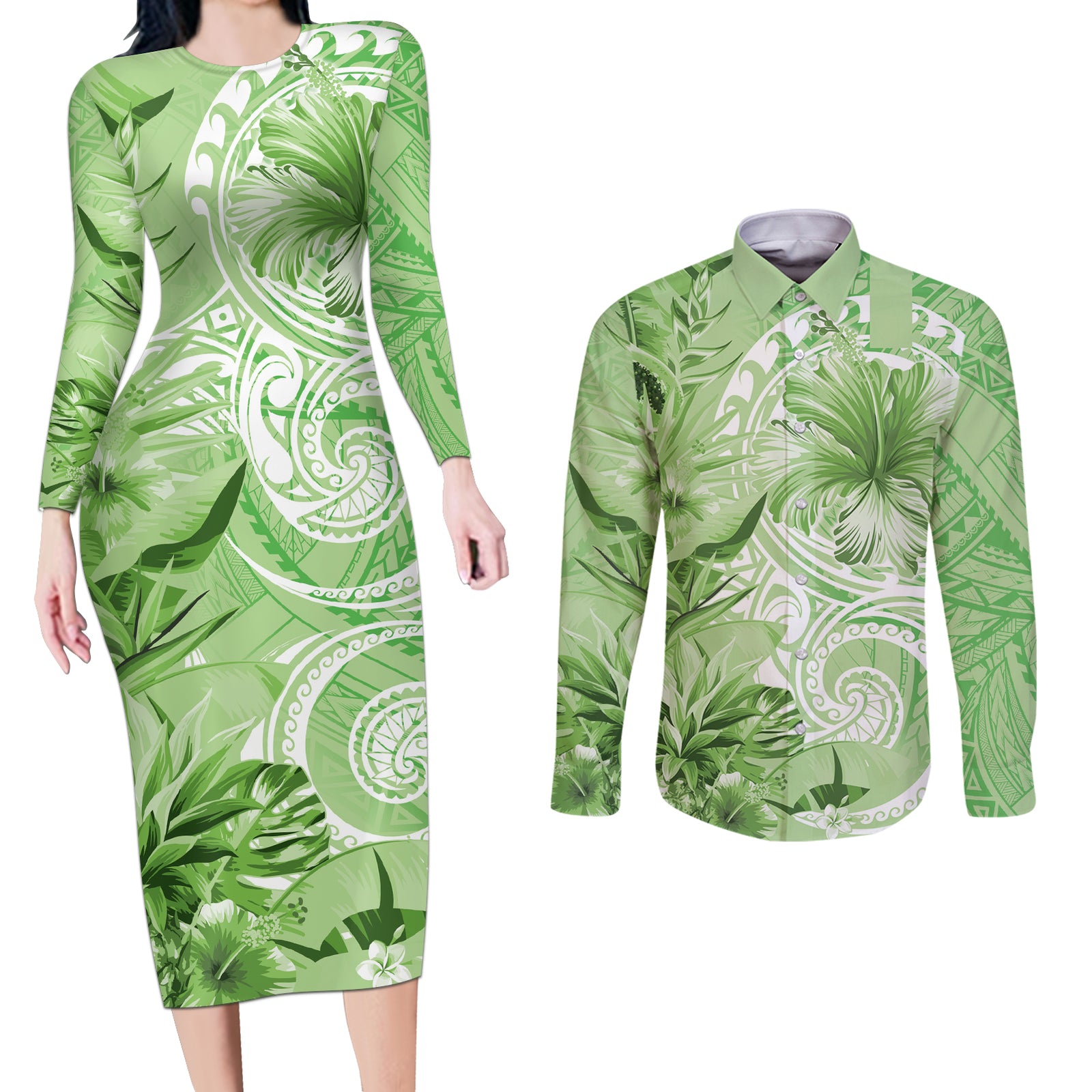 Polynesian Hibiscus Flower Tribal Couples Matching Long Sleeve Bodycon Dress and Long Sleeve Button Shirt Lime Green Color LT9 Lime Green - Polynesian Pride
