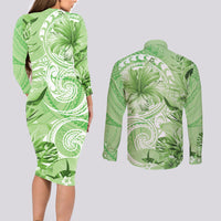 Polynesian Hibiscus Flower Tribal Couples Matching Long Sleeve Bodycon Dress and Long Sleeve Button Shirt Lime Green Color