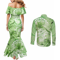 Polynesian Hibiscus Flower Tribal Couples Matching Mermaid Dress and Long Sleeve Button Shirt Lime Green Color