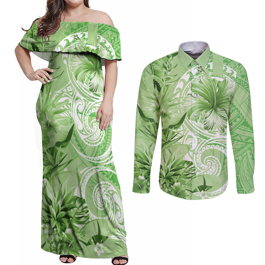 Polynesian Hibiscus Flower Tribal Couples Matching Off Shoulder Maxi Dress and Long Sleeve Button Shirt Lime Green Color LT9 Lime Green - Polynesian Pride
