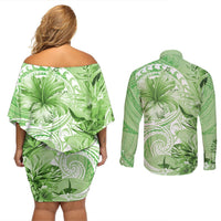 Polynesian Hibiscus Flower Tribal Couples Matching Off Shoulder Short Dress and Long Sleeve Button Shirt Lime Green Color