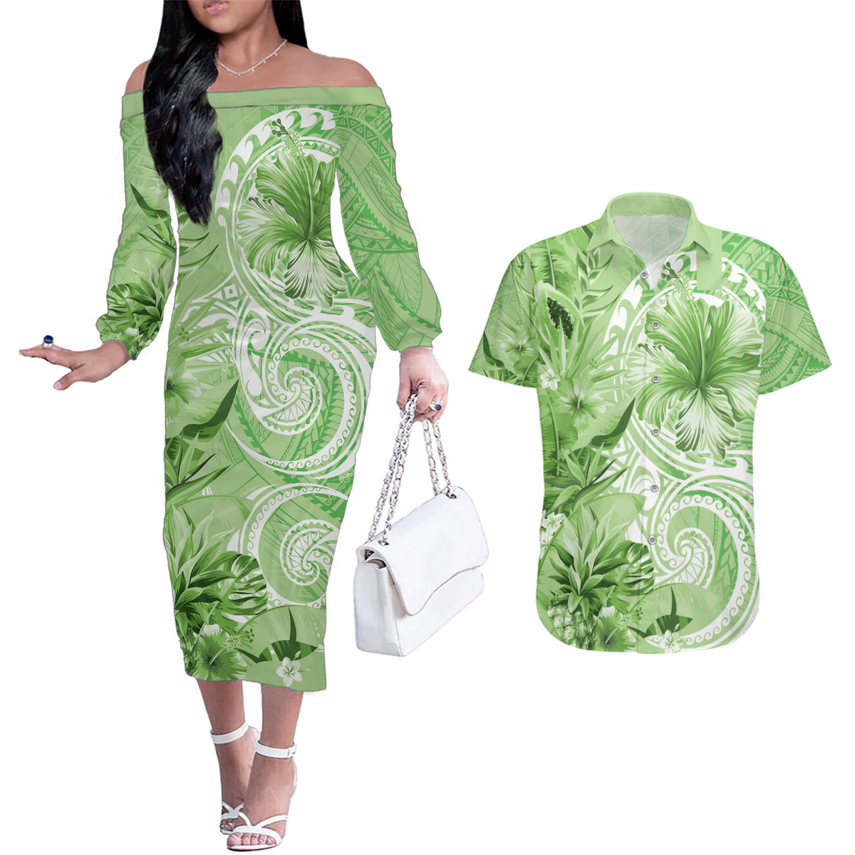 Polynesian Hibiscus Flower Tribal Couples Matching Off The Shoulder Long Sleeve Dress and Hawaiian Shirt Lime Green Color LT9 Lime Green - Polynesian Pride