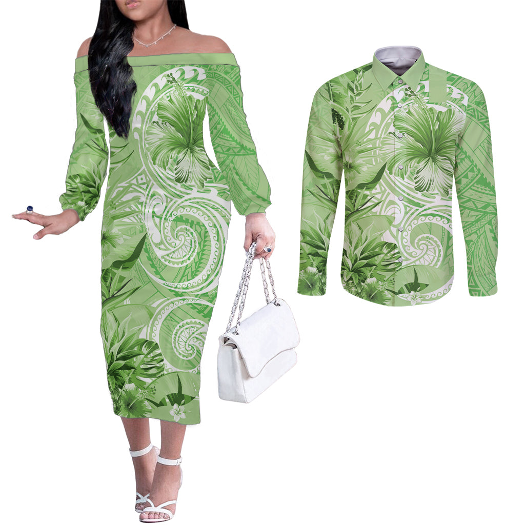 Polynesian Hibiscus Flower Tribal Couples Matching Off The Shoulder Long Sleeve Dress and Long Sleeve Button Shirt Lime Green Color LT9 Lime Green - Polynesian Pride