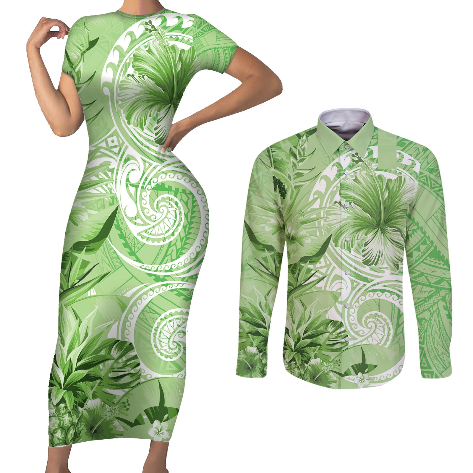 Polynesian Hibiscus Flower Tribal Couples Matching Short Sleeve Bodycon Dress and Long Sleeve Button Shirt Lime Green Color LT9 Lime Green - Polynesian Pride