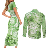Polynesian Hibiscus Flower Tribal Couples Matching Short Sleeve Bodycon Dress and Long Sleeve Button Shirt Lime Green Color