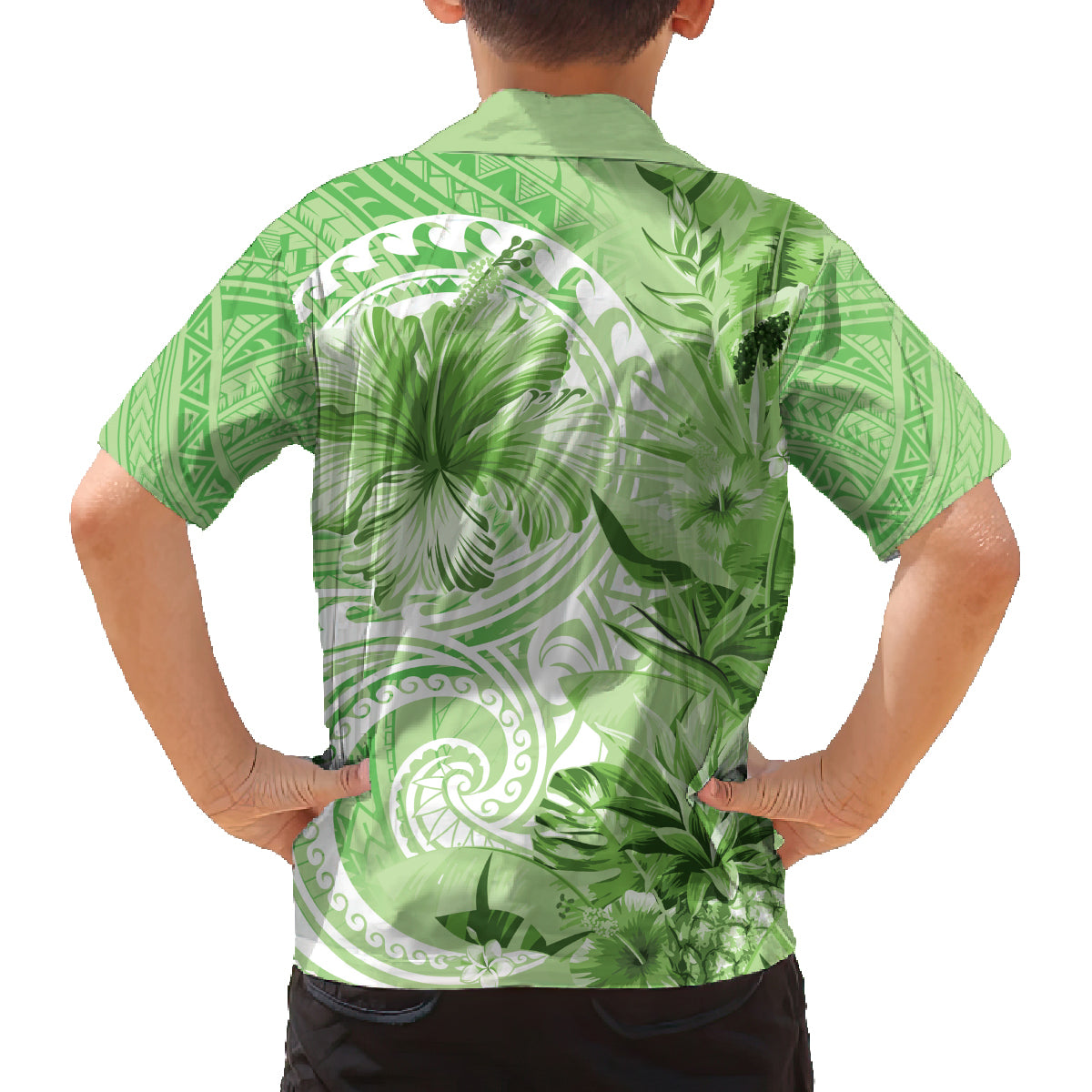 Polynesian Hibiscus Flower Tribal Family Matching Long Sleeve Bodycon Dress and Hawaiian Shirt Lime Green Color LT9 - Polynesian Pride