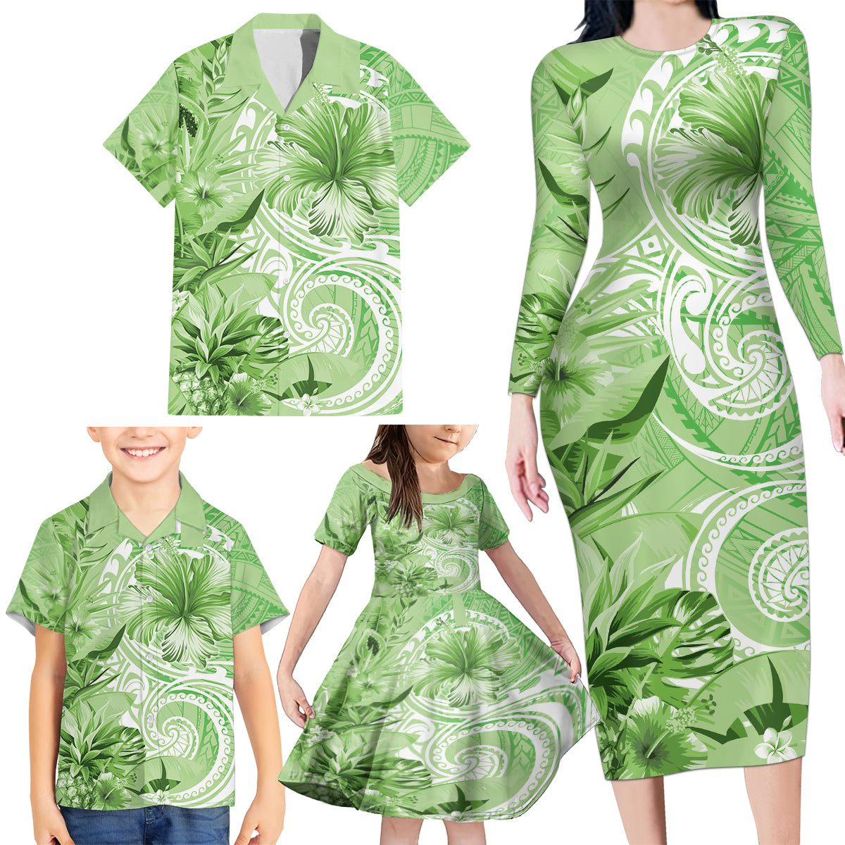 Polynesian Hibiscus Flower Tribal Family Matching Long Sleeve Bodycon Dress and Hawaiian Shirt Lime Green Color LT9 - Polynesian Pride