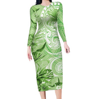 Polynesian Hibiscus Flower Tribal Family Matching Long Sleeve Bodycon Dress and Hawaiian Shirt Lime Green Color LT9 Mom's Dress Lime Green - Polynesian Pride