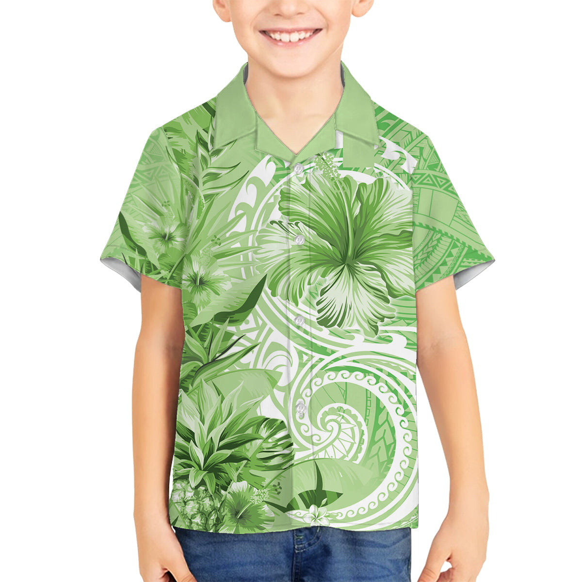 Polynesian Hibiscus Flower Tribal Family Matching Long Sleeve Bodycon Dress and Hawaiian Shirt Lime Green Color LT9 Son's Shirt Lime Green - Polynesian Pride