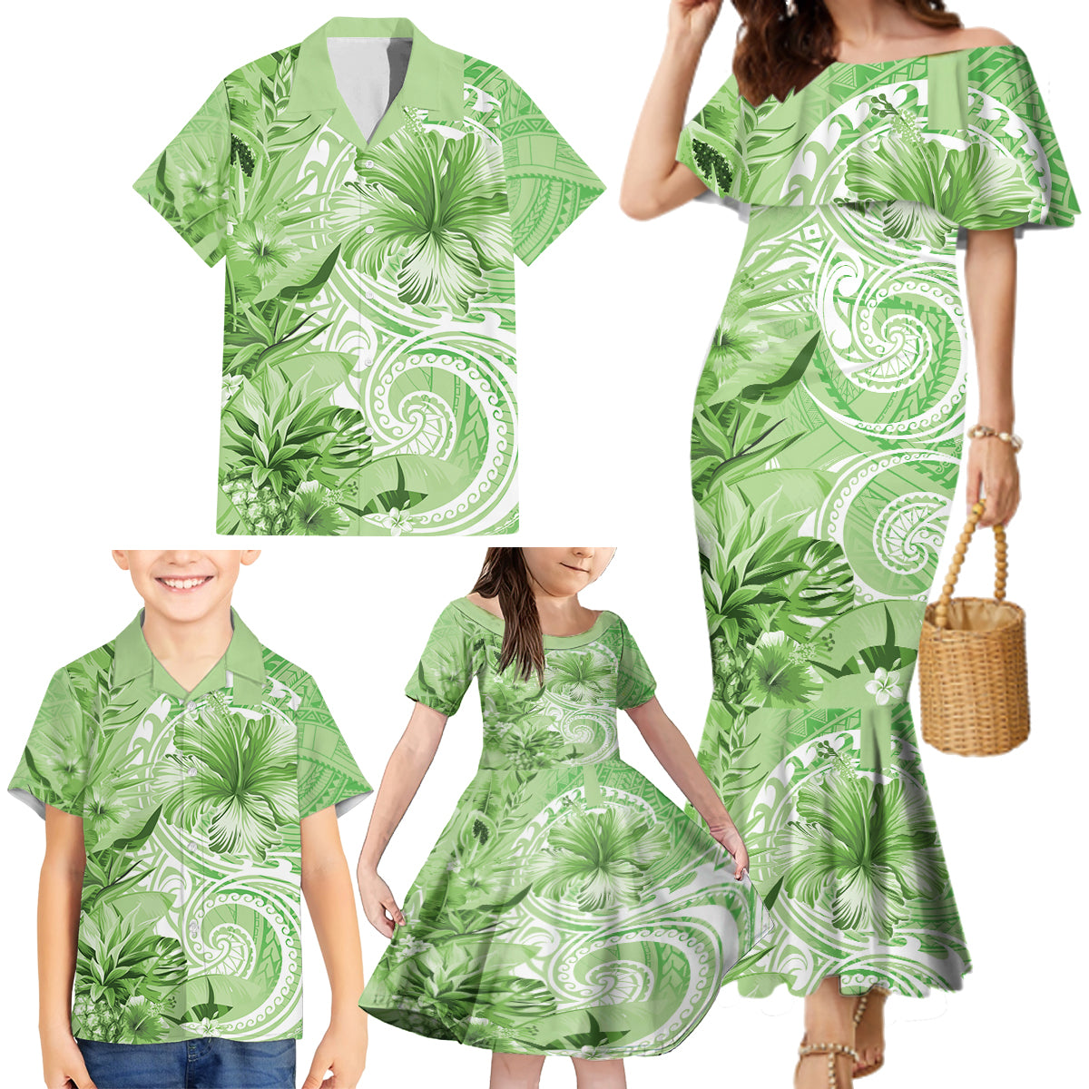 Polynesian Hibiscus Flower Tribal Family Matching Mermaid Dress and Hawaiian Shirt Lime Green Color LT9 - Polynesian Pride