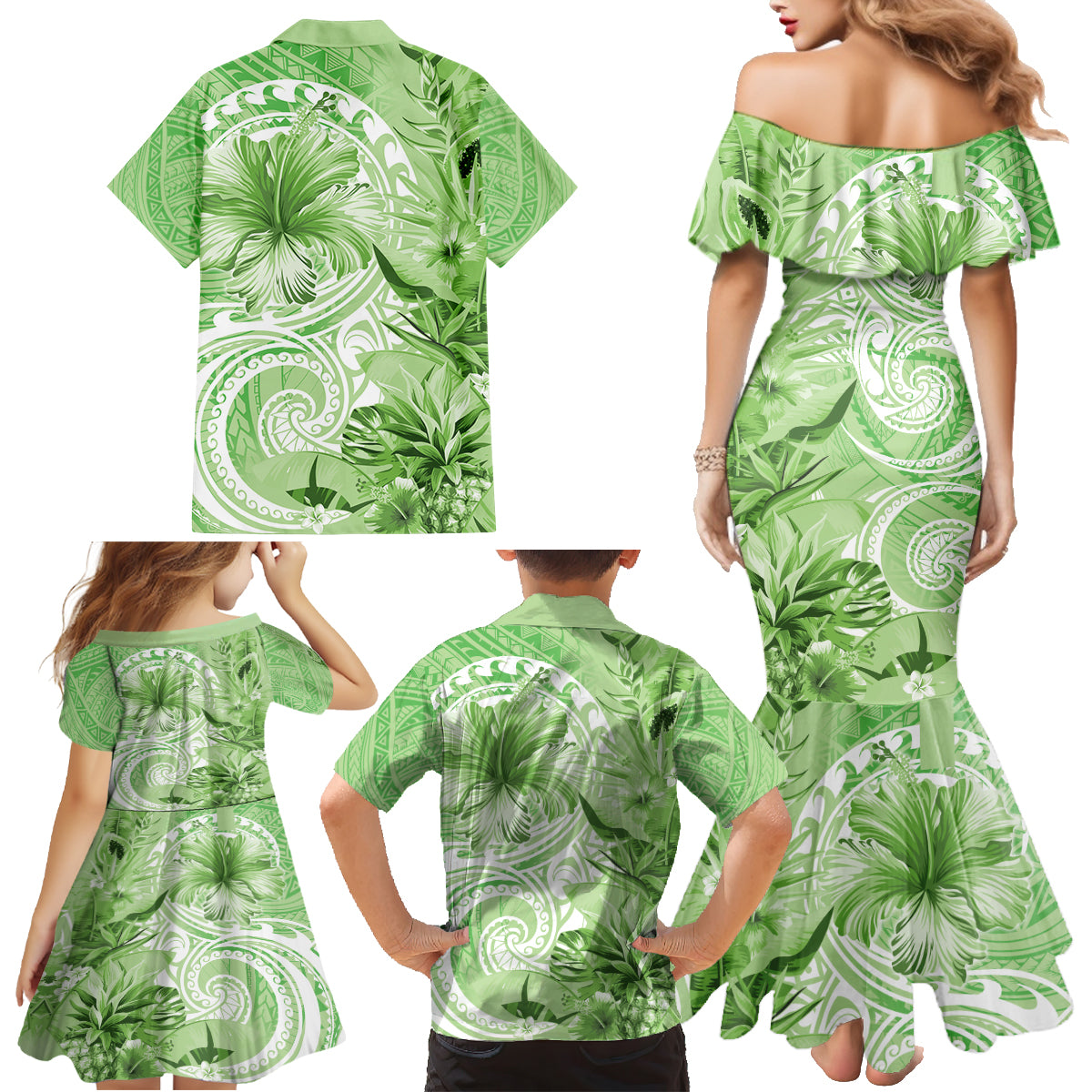 Polynesian Hibiscus Flower Tribal Family Matching Mermaid Dress and Hawaiian Shirt Lime Green Color LT9 - Polynesian Pride