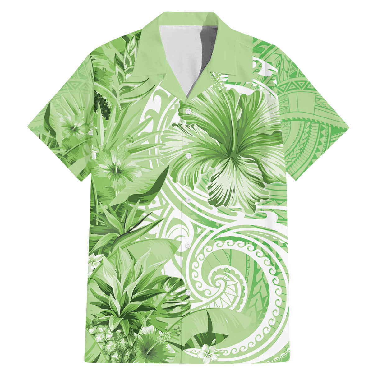 Polynesian Hibiscus Flower Tribal Family Matching Mermaid Dress and Hawaiian Shirt Lime Green Color LT9 Dad's Shirt - Short Sleeve Lime Green - Polynesian Pride
